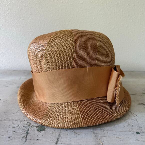 Vintage Mr. John Jr. Cloche bowler Straw hat with ribbon bow 1960s 60s retro tan main image 4